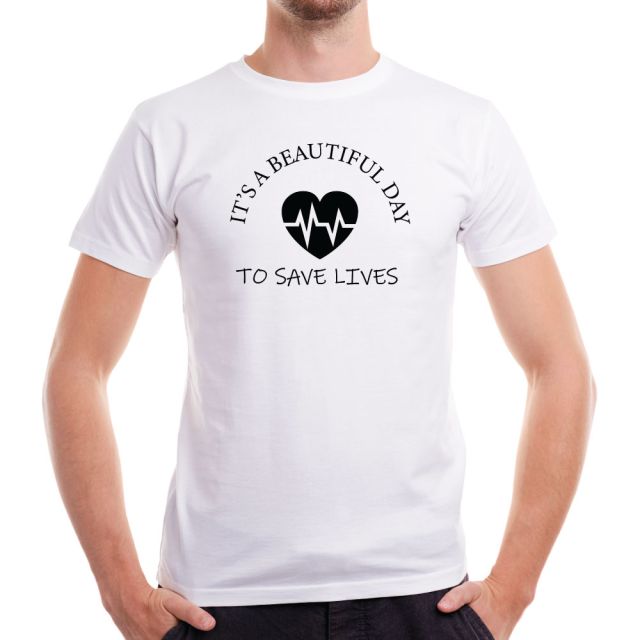 Tricou medic barbati It's a beautiful day to save lives alb